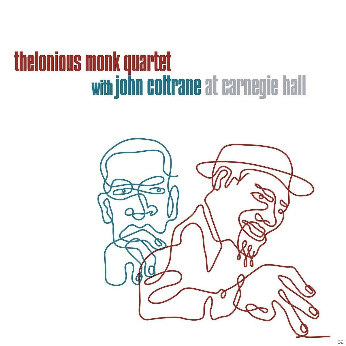 Két arc vonalrajza. A cím a következő: Thelonious Monk Quartet John Coltrane-nel a Carnegie Hallban.