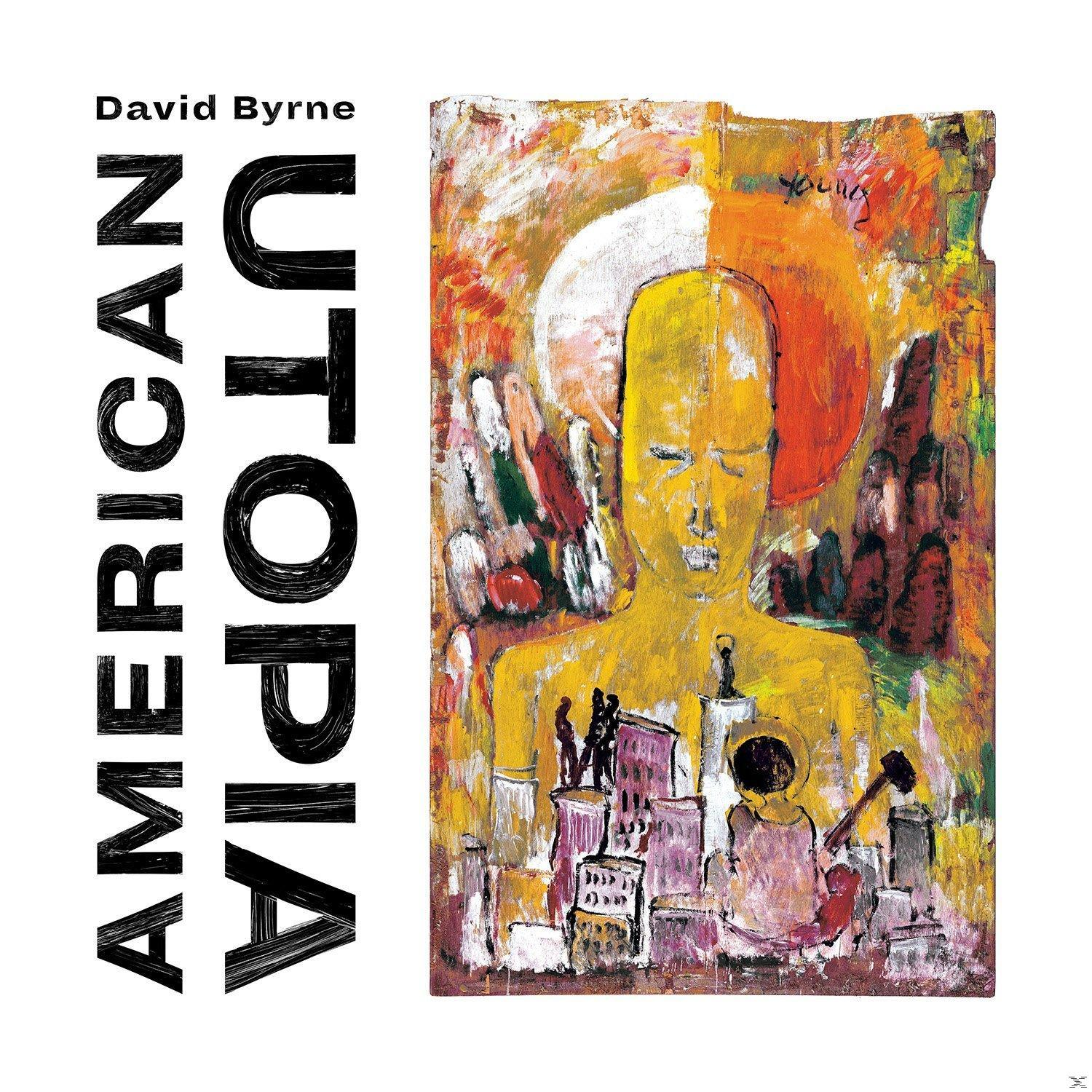 Album borító sárga figurával, épületekkel, szöveg: AMERICAN UTOPIA. Előadó: David Byrne.