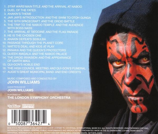 CD borító Darth Maul arcával és a Star Wars zenei számok listájával.
