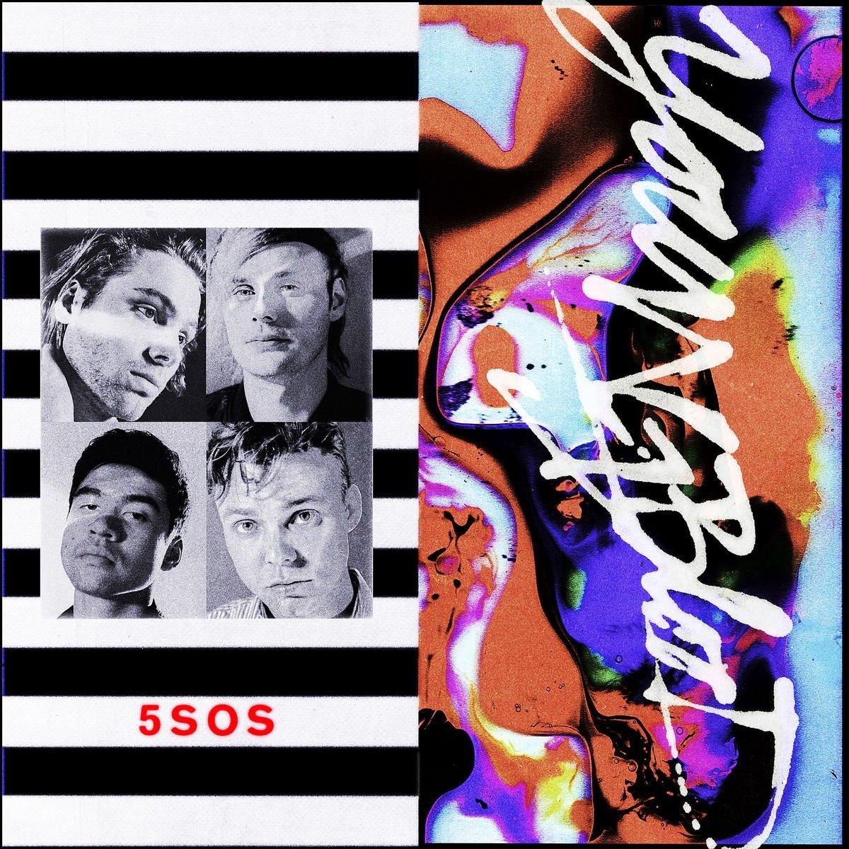 5SOS album borítója: Youngblood. Négy zenekari tag külön fotókon. Szöveg és absztrakt színblokkok.