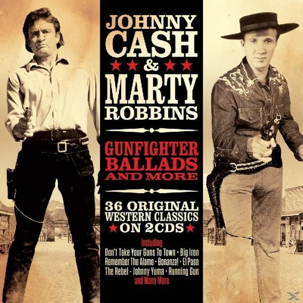 Album borító: Johnny Cash és Marty Robbins, fegyverekkel. Szöveg: Johnny Cash & Marty Robbins, Gunfighter Ballads.