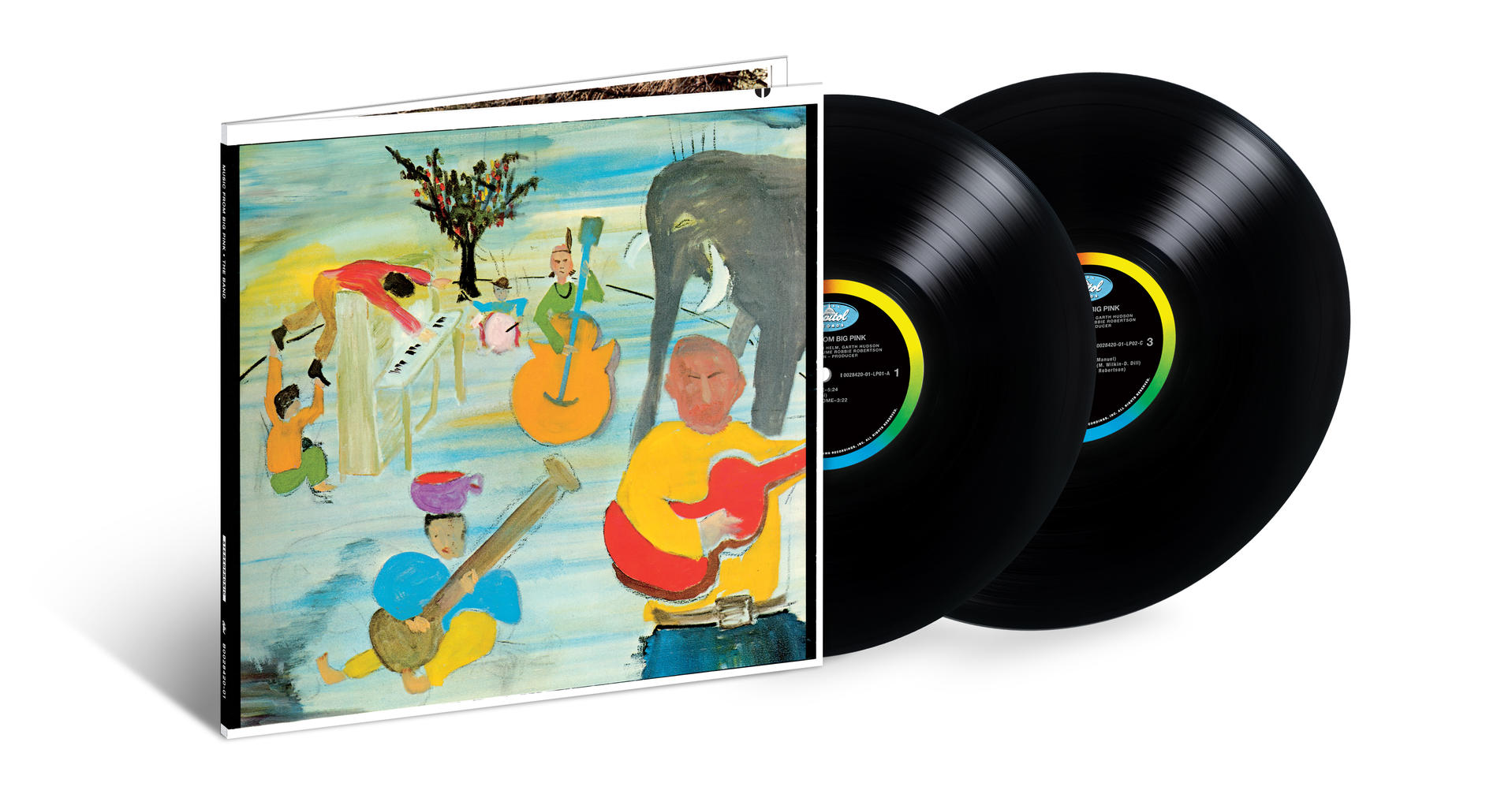 Album borító festett figurákkal és egy elefánttal. Két bakelit lemez jobbra. Az album borítója azt mondja: 'Music from Big Pink'.