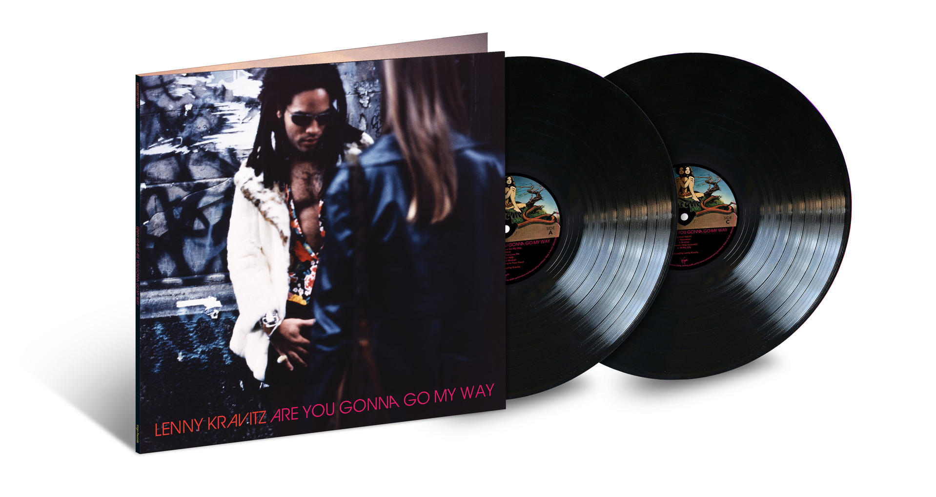 Lenny Kravitz album borítója Lenny és egy nő fotójával, két bakelit lemezzel.