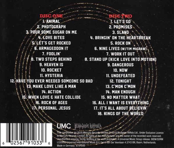CD mit Titelliste auf schwarzem Hintergrund. Disc One und Disc Two sind sichtbar.