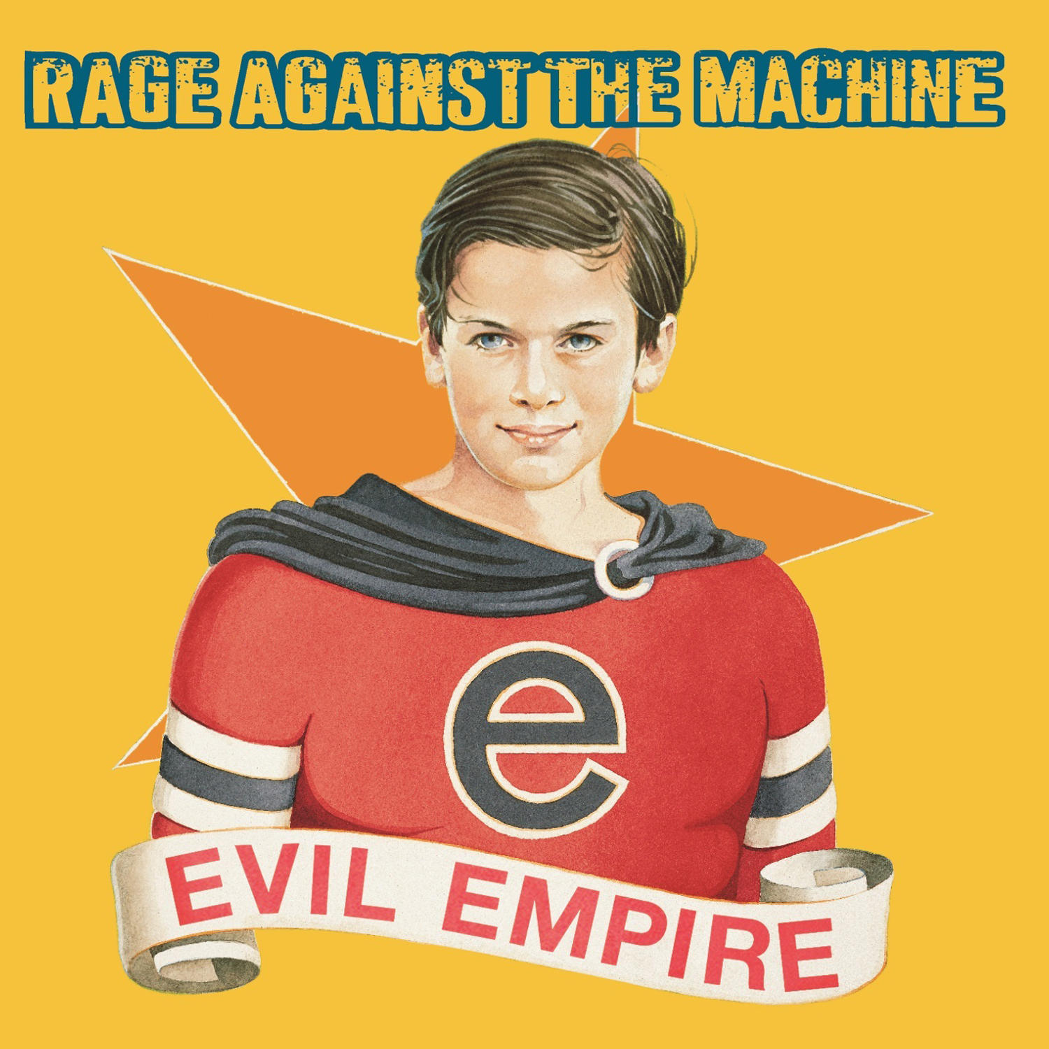 Rage Against the Machine album borítója. Egy fiatal fiú szuperhős jelmezben. Narancssárga háttér és szöveg.