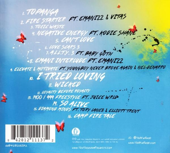 Album-Rückseite mit Trackliste und Schmetterlingen.