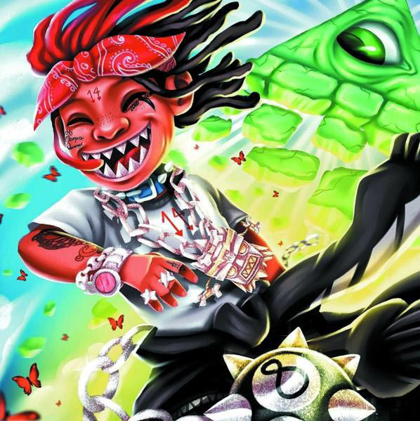 Cartoon einer rotgesichtigen Figur mit Bandana, die ihre Zunge zeigt, und ein grünes Monster.