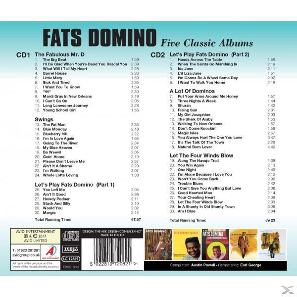 A Fats Domino 'Five Classic Albums' című albumának borítója, számlistákkal. A háttér zöld, Fats Domino szöveggel.