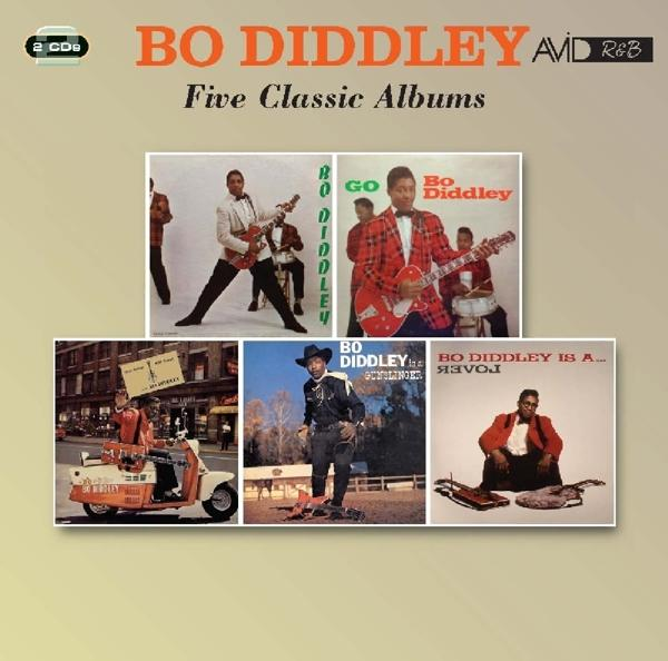 Bo Diddley album borítója öt album borítót tartalmaz. Bo Diddley gitárral és más képek.