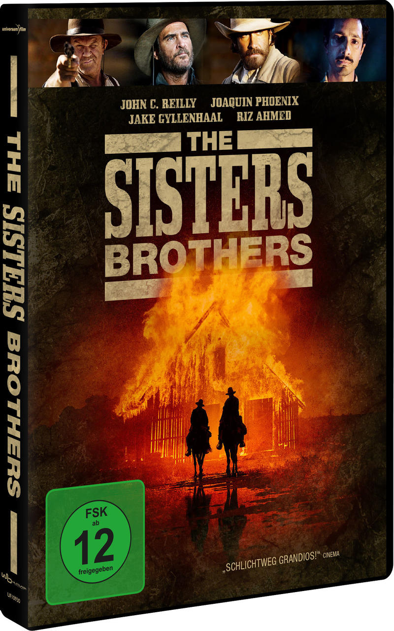 Filmcover, Filmtitel 'The Sisters Brothers' über einem brennenden Gebäude. Schauspieler oben.