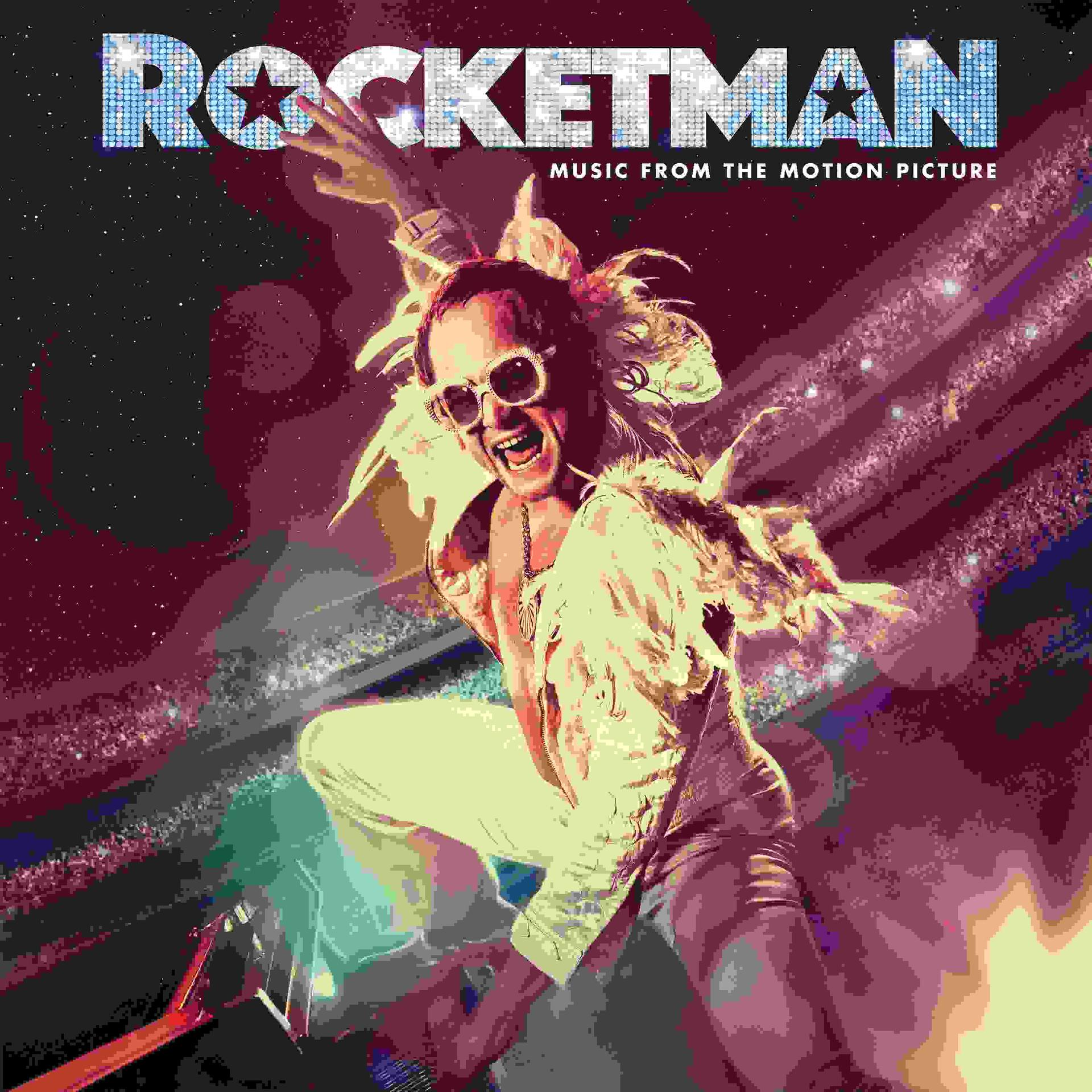 Album borító: Elton John, napszemüveget visel. Szöveg: Rocketman, Filmzene.