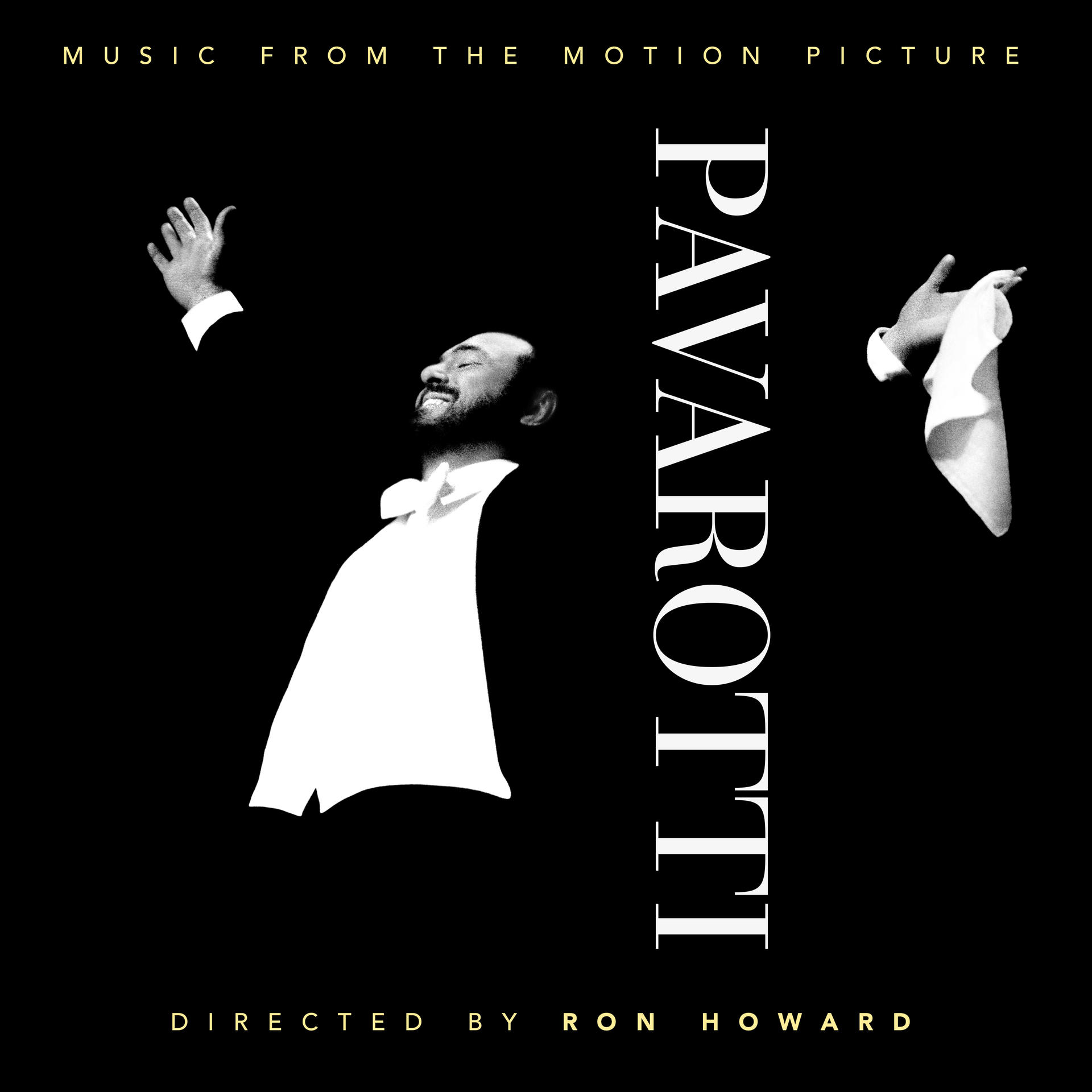 Pavarotti album borítója fekete háttérrel. Pavarotti képe felemelt karokkal. Szöveg látható.