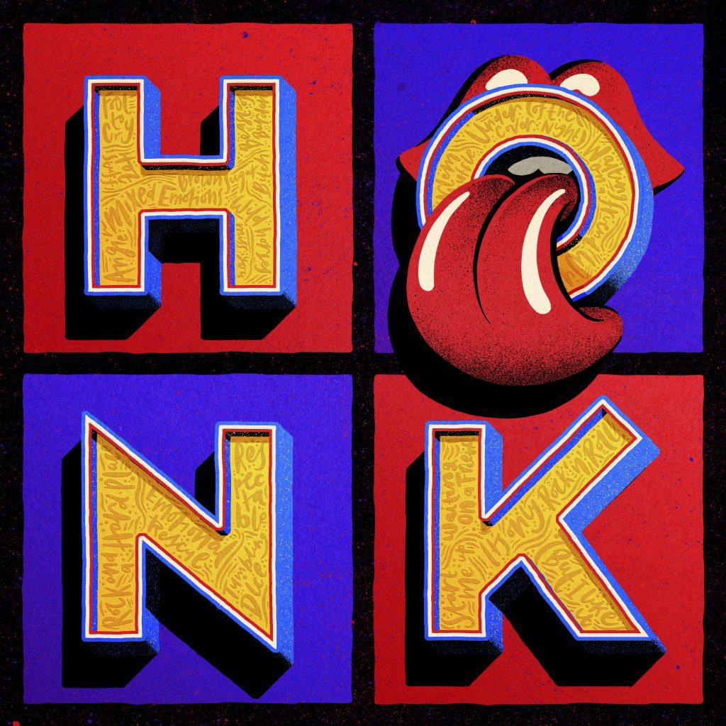 Albumcover mit dem Wort HONK, vier farbigen Quadraten mit Buchstaben und einem Mund mit Zunge.