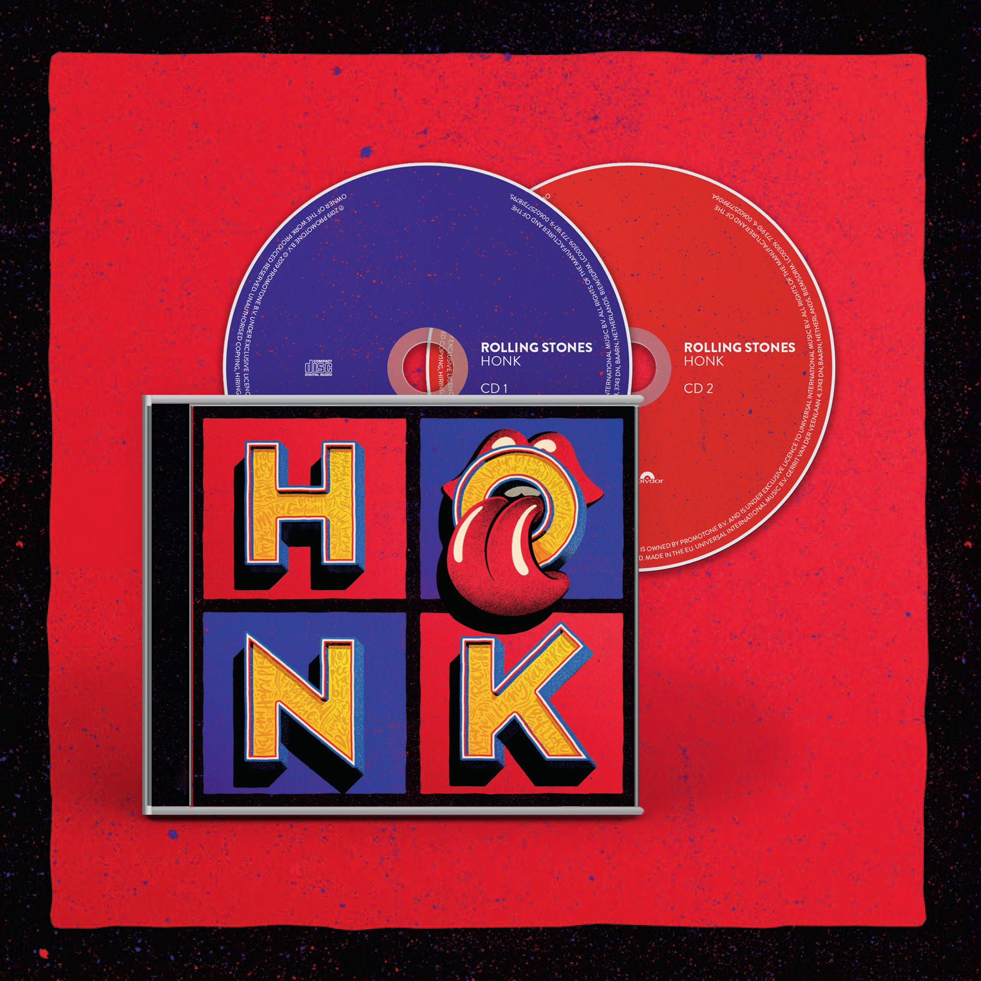 Albumcover der Rolling Stones, HONK. Das Cover ist rot, mit einem Zungen-Design und dem Wort HONK in großen Buchstaben.