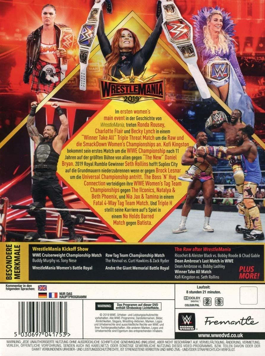 Die Rückseite einer DVD-Hülle mit Wrestlern und Veranstaltungsdetails für Wrestlemania 2019.