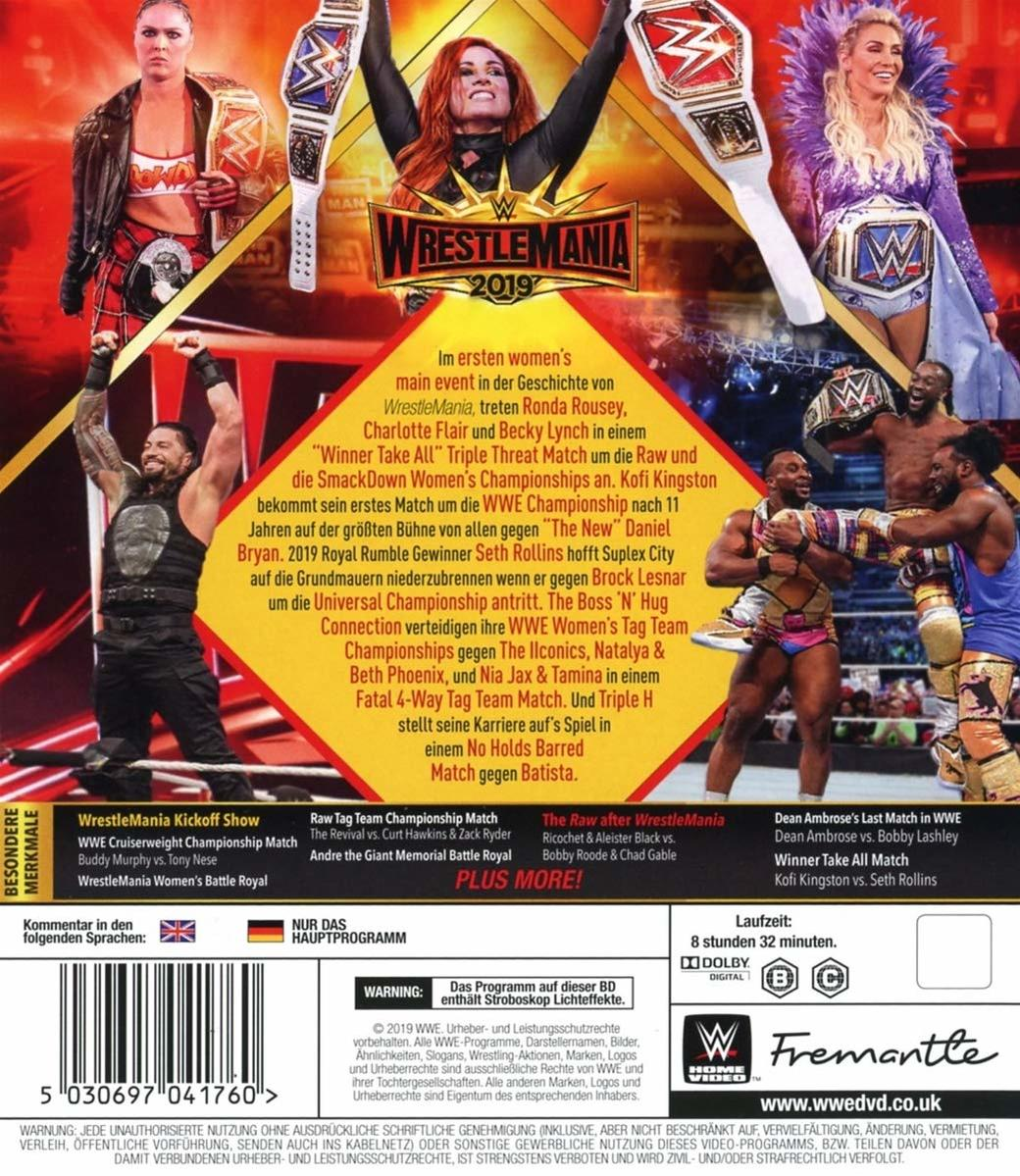 WrestleMania 2019 DVD-Cover mit Wrestlern. Verschiedene Wrestler werden gezeigt.