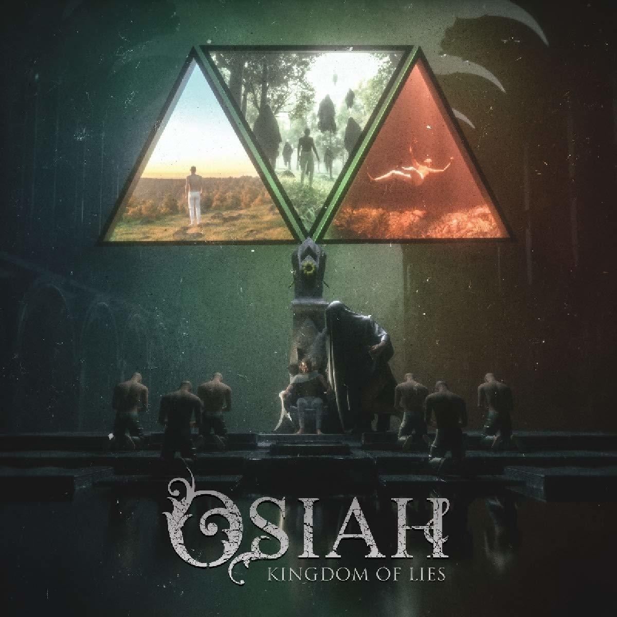 Albumcover 'Osiah: Kingdom of Lies'. Dunkle Figuren, ein Thron und dreieckige Panels.