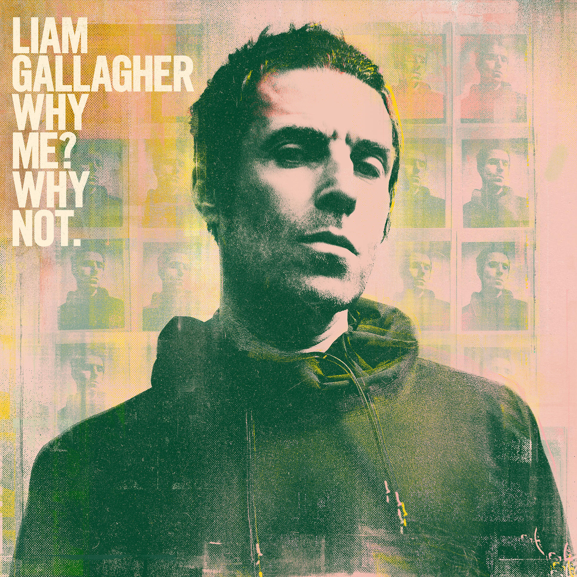 Albumborító. Liam Gallagher komoly arckifejezéssel, kisebb képekkel körülvéve.