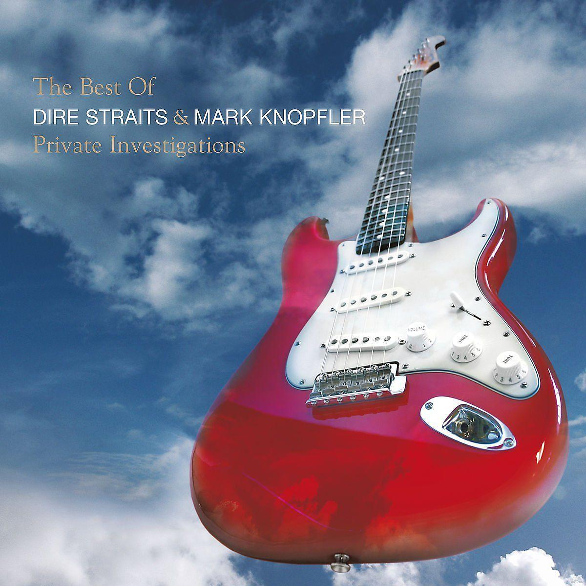 Piros gitár fehér koptatólappal a kék égbolton. Szöveg: 'The Best Of Dire Straits & Mark Knopfler'.