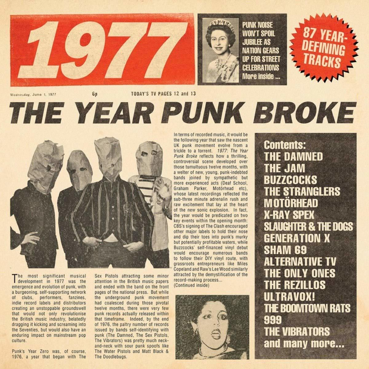 Titelseite der Zeitung: '1977' Schlagzeile, Bandfotos, Foto der Königin und Artikel über das Jahr, in dem Punk ausbrach.