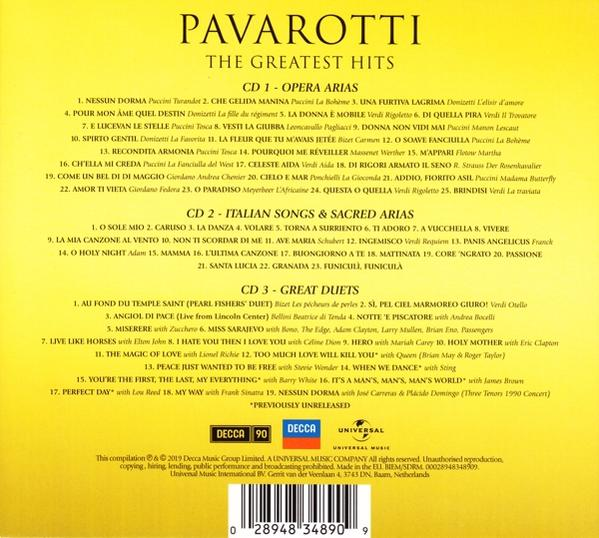 CD-Cover für 'Pavarotti: The Greatest Hits' mit einer Titelliste.