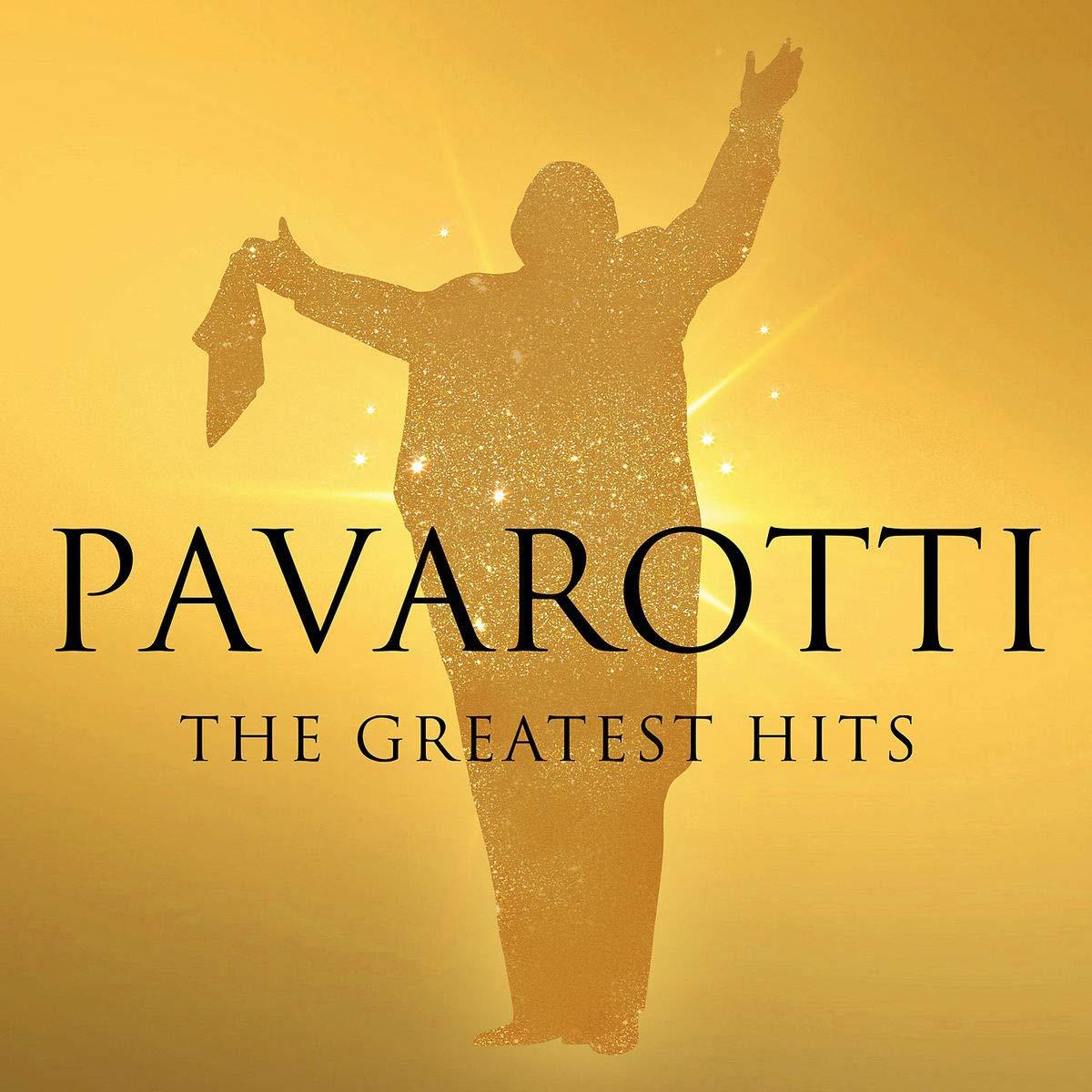 Albumcover: Pavarottis 'The Greatest Hits'. Silhouette eines Mannes mit erhobenen Armen, goldener Hintergrund.