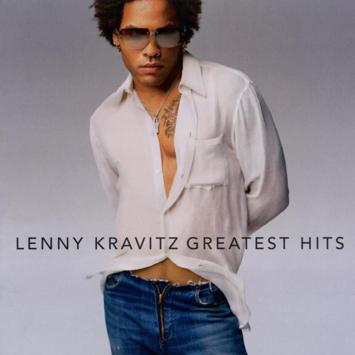 Lenny Kravitz album borítója. Napszemüveget, fehér inget és farmert visel. Szöveg: Greatest Hits.