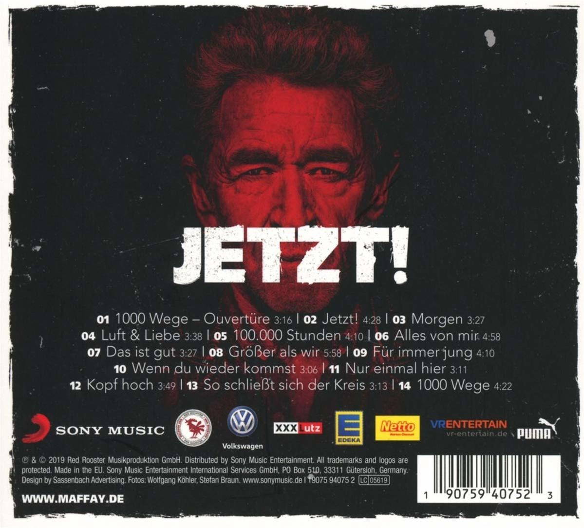 Rotes und schwarzes Albumcover mit dem Gesicht eines Mannes, dem Wort 'JETZT!' in Weiß und der Titelliste.