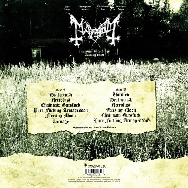 Album-Rückseite mit Bandlogo, Titelliste und landschaftlichem Hintergrund.