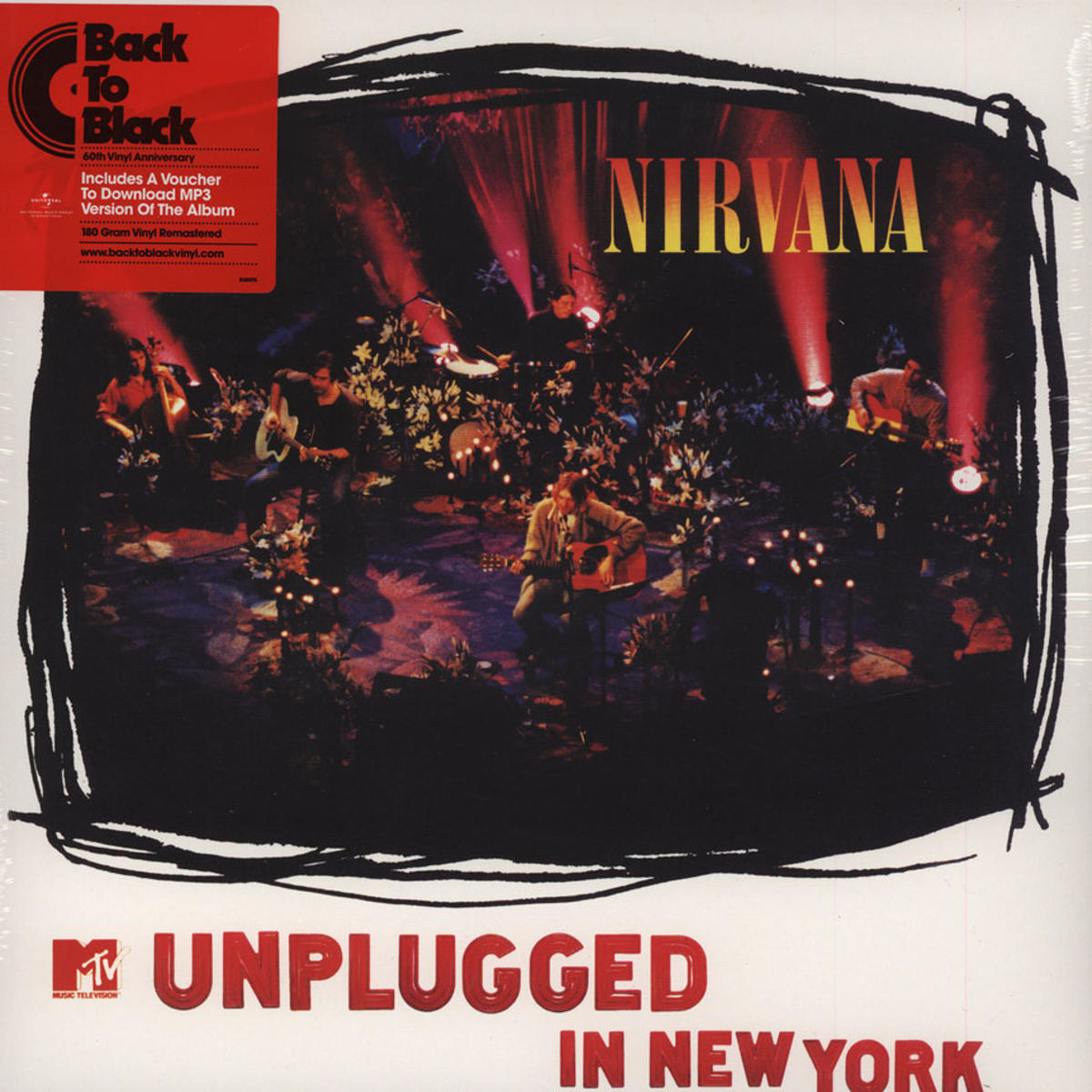 Album borító: Nirvana, a zenekar élőben játszik. Szöveg: Nirvana, Unplugged in New York.