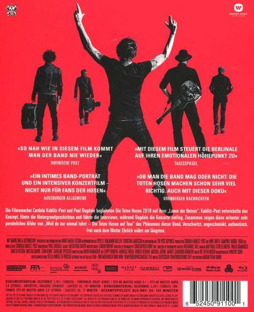 Rückseite einer DVD-Hülle mit einer Band in Silhouette auf rotem Hintergrund, deutscher Text wird angezeigt.