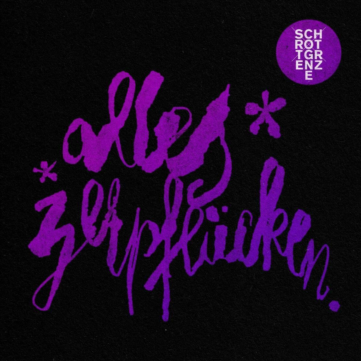 Lila handgeschriebener Text 'Alles zerpflücken' auf schwarzem Hintergrund mit lila Blumendesigns.