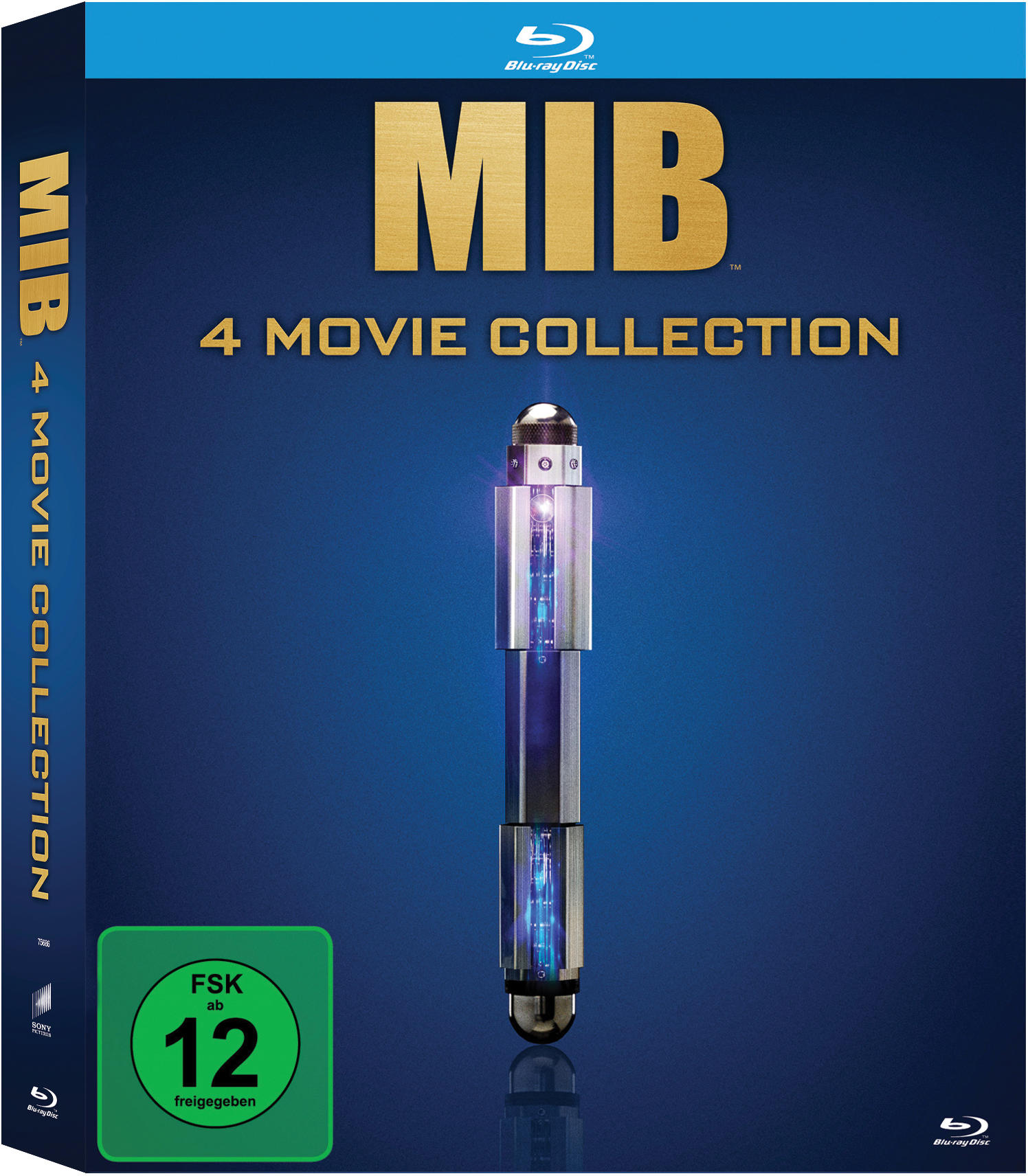 Blu-ray-Boxset mit neonbeleuchtetem Gerät auf blauem Hintergrund und Text.