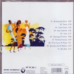 Album-Rückseite mit Trackliste, drei Figuren und einem tropischen Hintergrund.