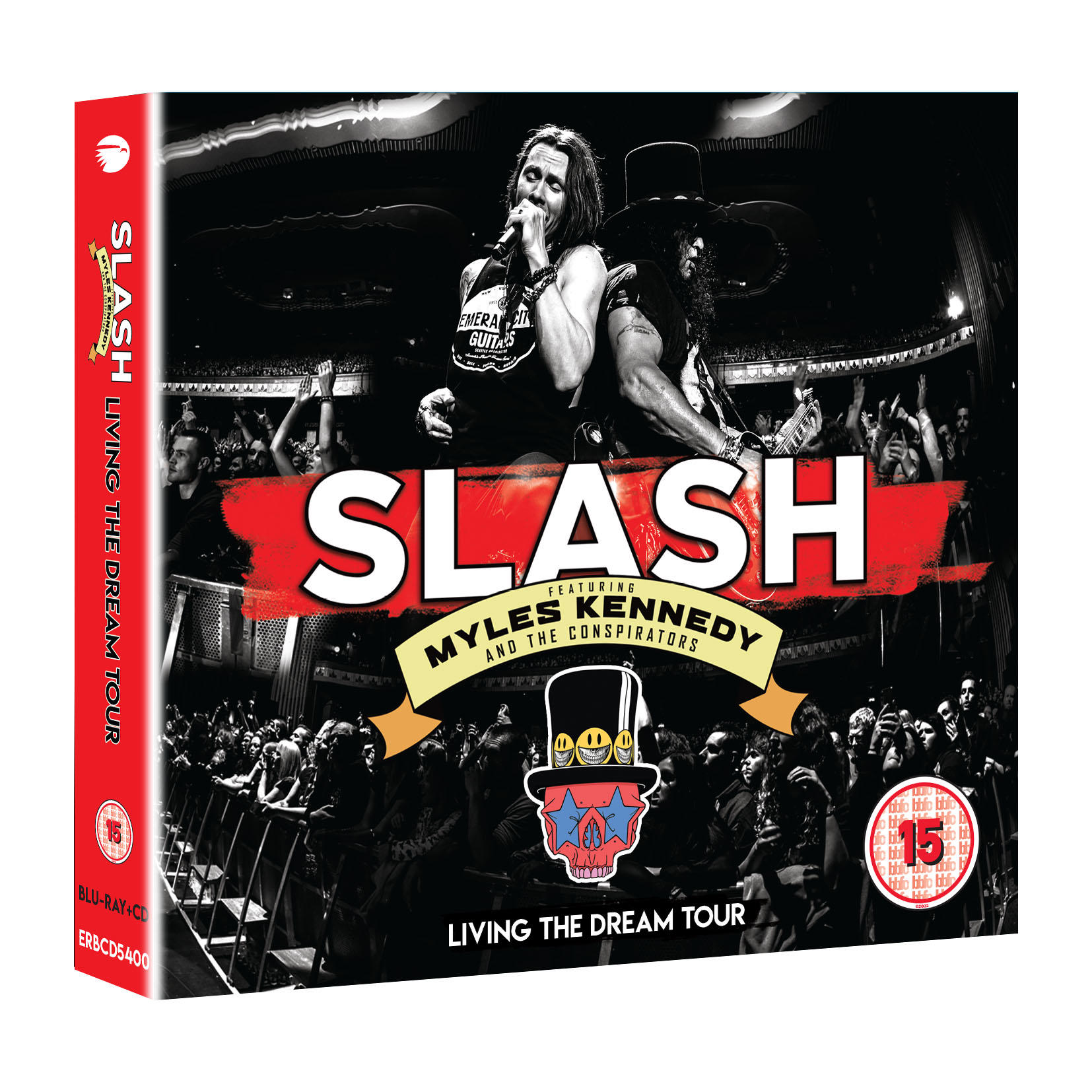 CD-Hülle für Slashs „Living the Dream Tour“ mit Slash und Myles Kennedy auf der Bühne. Publikum im Hintergrund.