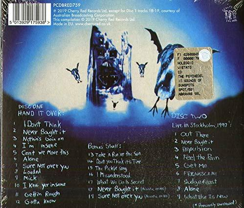 Rückseite einer CD-Hülle. Text listet Songs und Credits, mit blau-weißem Hintergrund.
