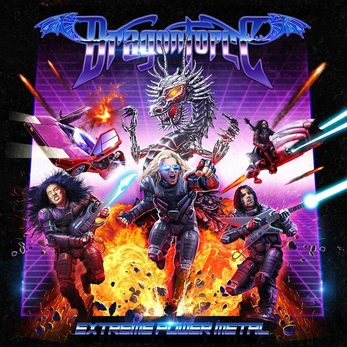 Dragonforce Albumcover. Bandmitglieder kämpfen mit Lasern, einem Drachen und einem futuristischen Auto vor lila Hintergrund.