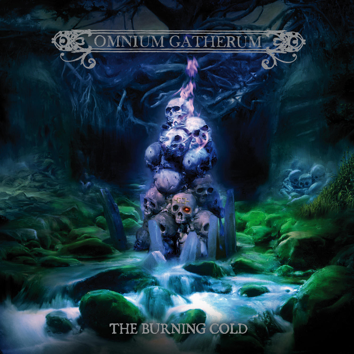 Albumcover von Omnium Gatherums The Burning Cold. Schädel, fließendes Wasser, dunkler Waldhintergrund.