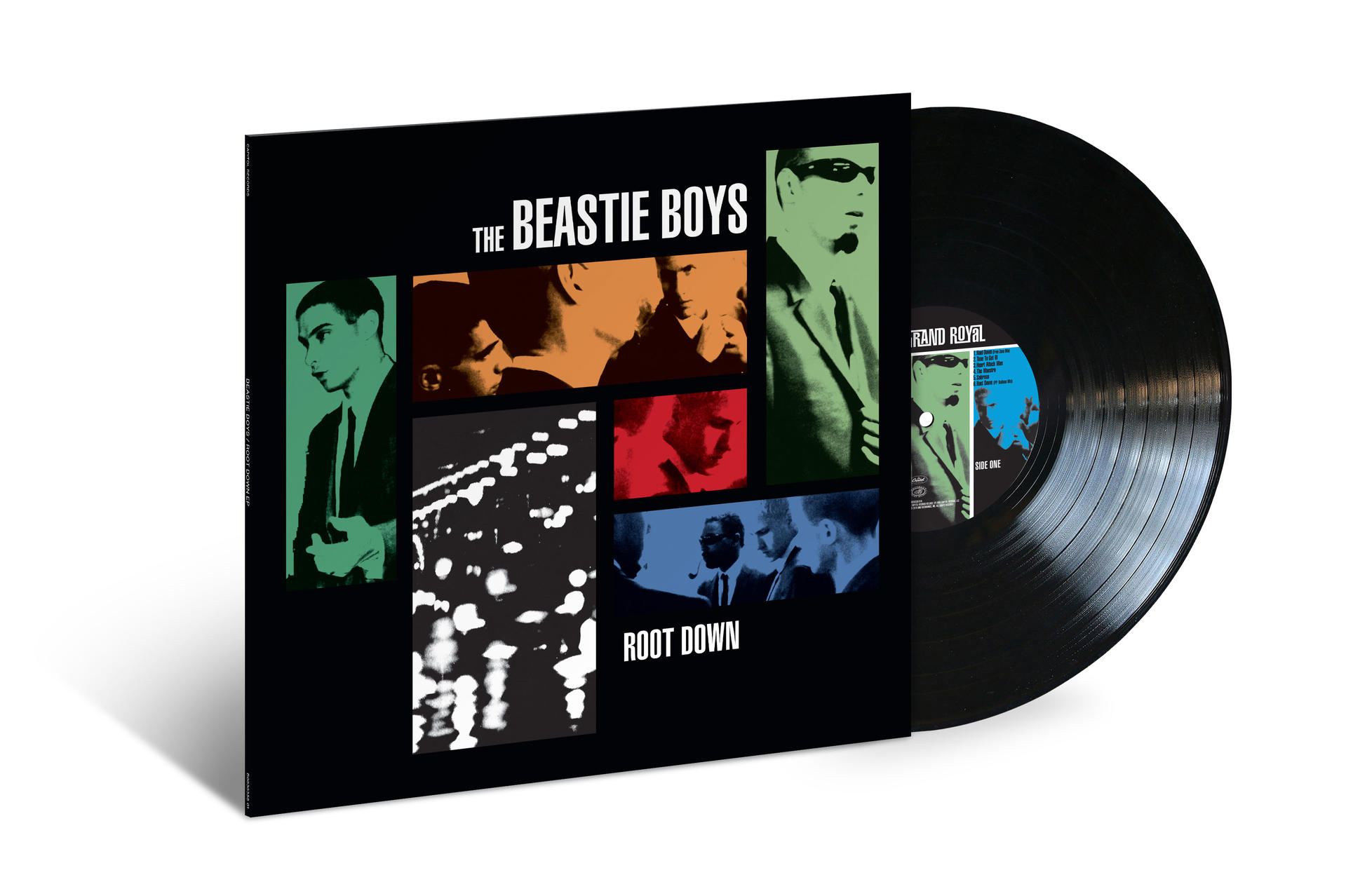 The Beastie Boys-Album 'Root Down' auf Vinyl. Schwarze Schallplatte in schwarzer Hülle mit Gesichtern der Bandmitglieder.