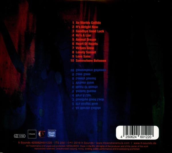 Albumcover einer CD, Rückseite. Enthält eine Liste von Songtiteln, den Albumtitel und andere Details. Dunkler Hintergrund.