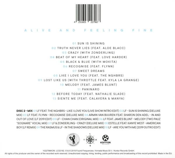 CD-Rückseite mit Trackliste, Text und blau-grünem Hintergrund. Enthält mehrere Künstlernamen.