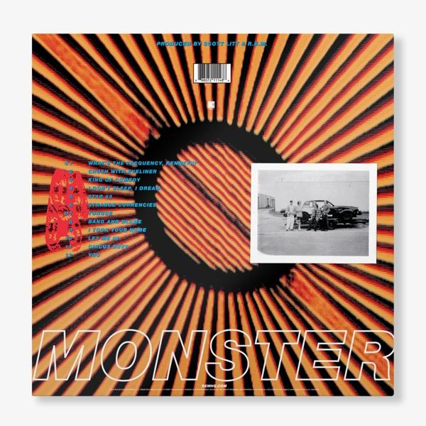 Albumcover: orangefarbene und schwarze radiale Linien mit kreisförmigem Zentrum und Bild.