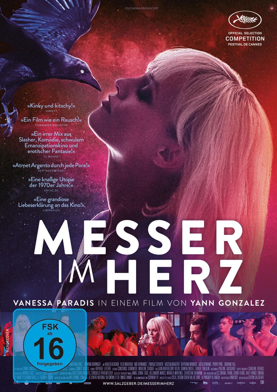 Filmplakat für Messer im Herz. Frauengesicht, Rabe und Filmstill-Collage.