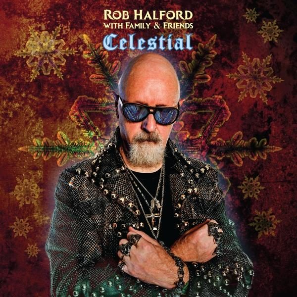 Rob Halford met zonnebril, ringen en een jasje met studs, sneeuwvlok-thema achtergrond, 'Celestial' albumhoes.