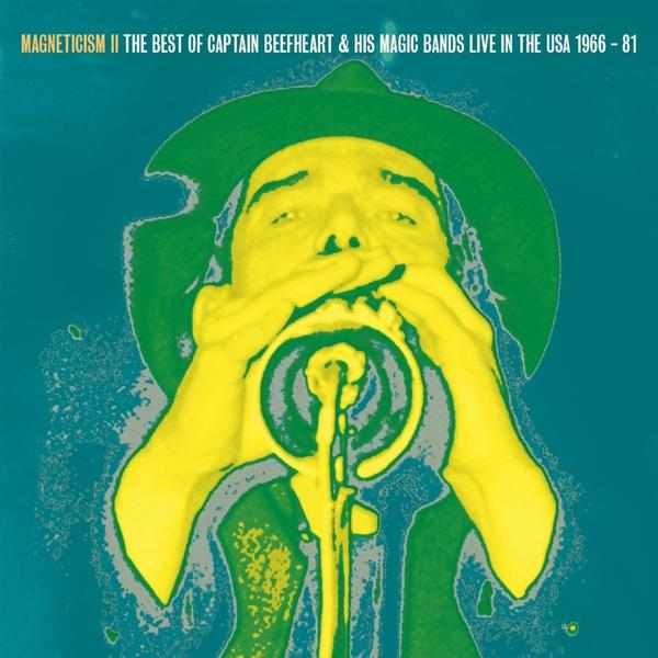 Pochette de l'album de Captain Beefheart. Homme avec un visage vert et des mains jaunes joue d'un instrument à vent. Fond bleu.