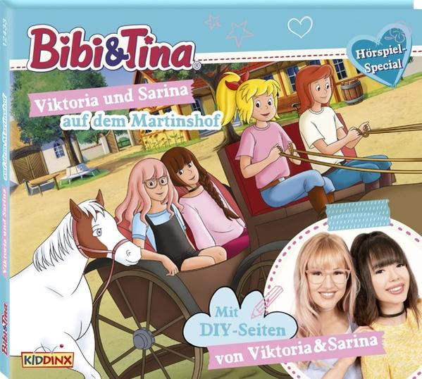 Albumcover mit vier Mädchen in einer Kutsche. Der Text lautet "Bibi & Tina Viktoria und Sarina auf dem Martinshof".