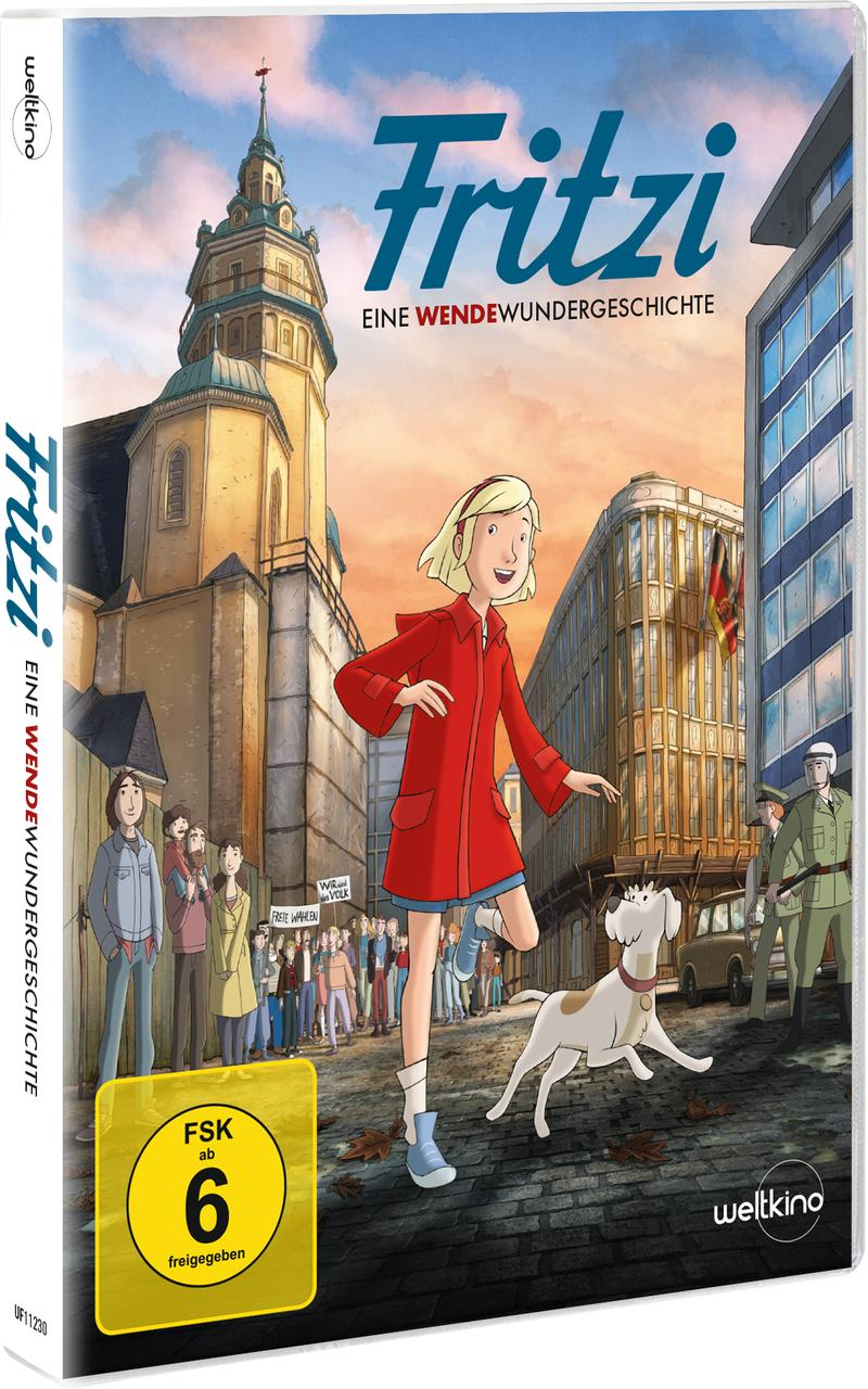 Cartoon-DVD-Cover. Ein Mädchen in rotem Mantel rennt mit einem Hund vor Gebäuden.