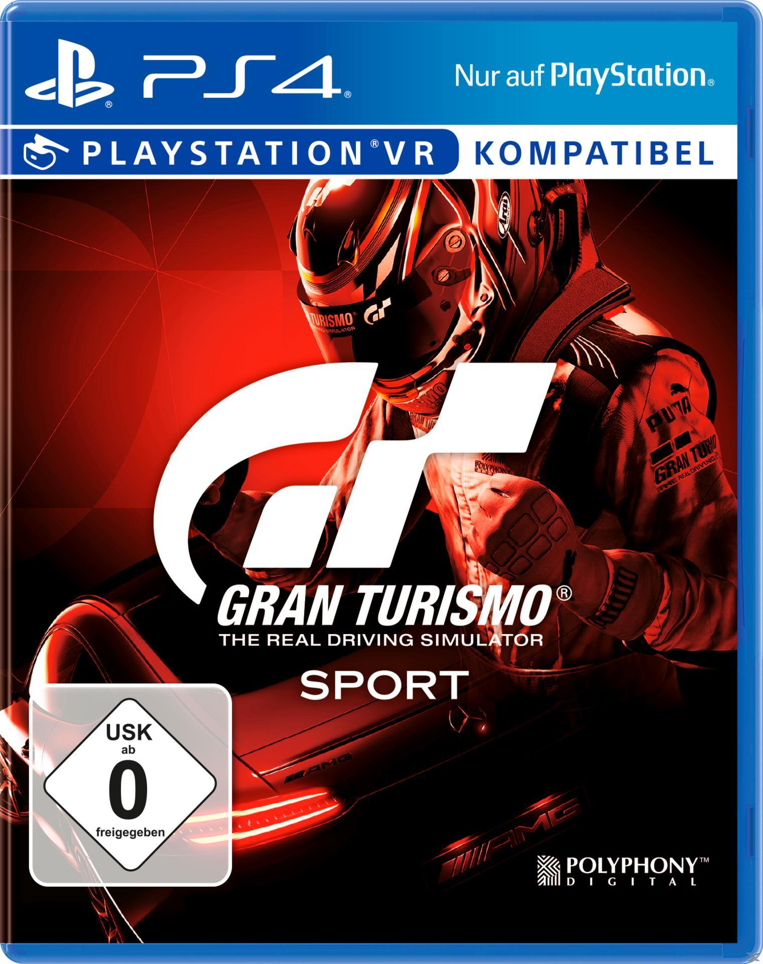 PlayStation 4-Spielcover für Gran Turismo Sport. Rennfahrer im Cockpit, roter Hintergrund.