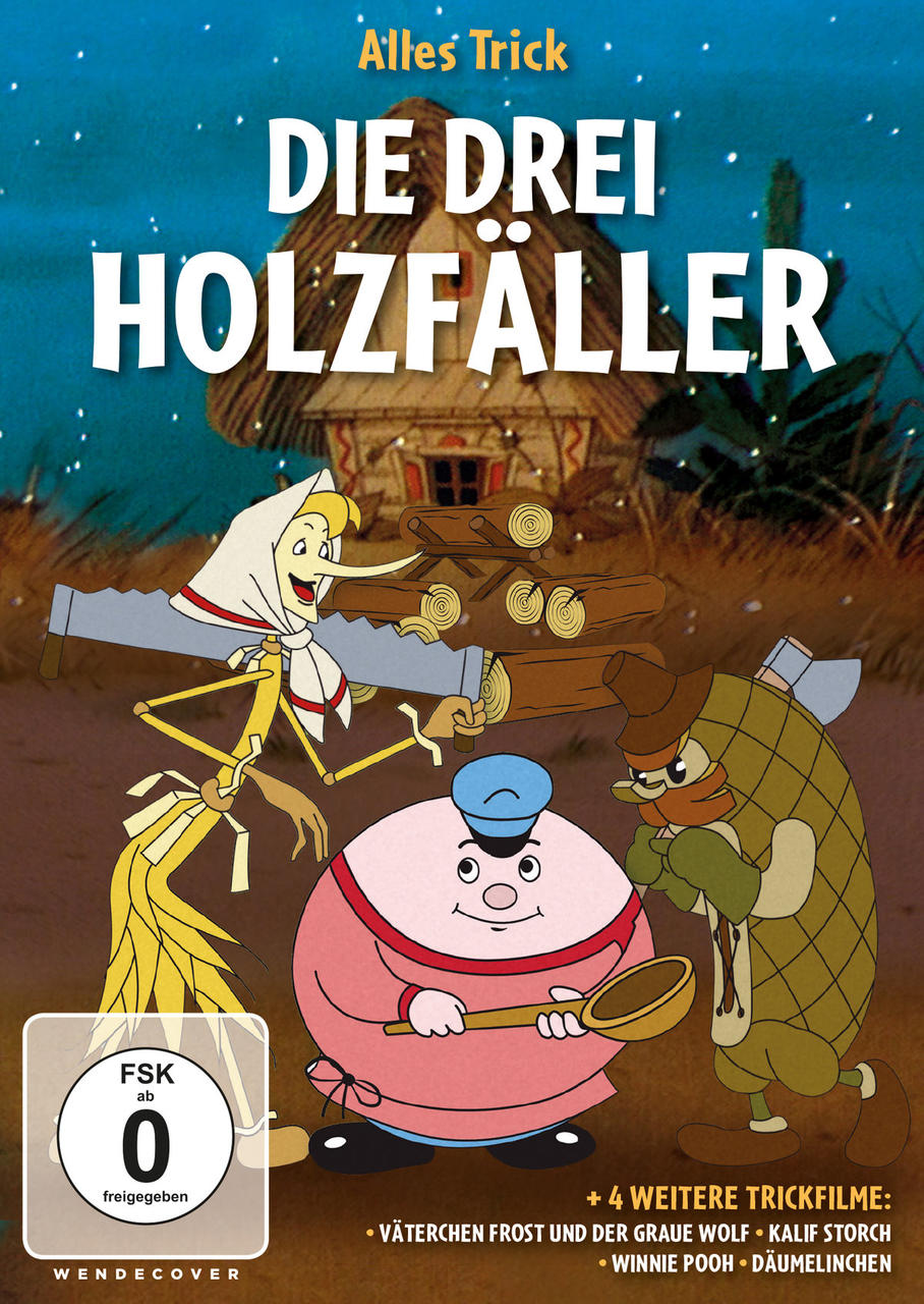 DVD-Cover. Zeichentrick von drei Holzfällern. Titel: Die Drei Holzfäller. Zeichentrickfilm.