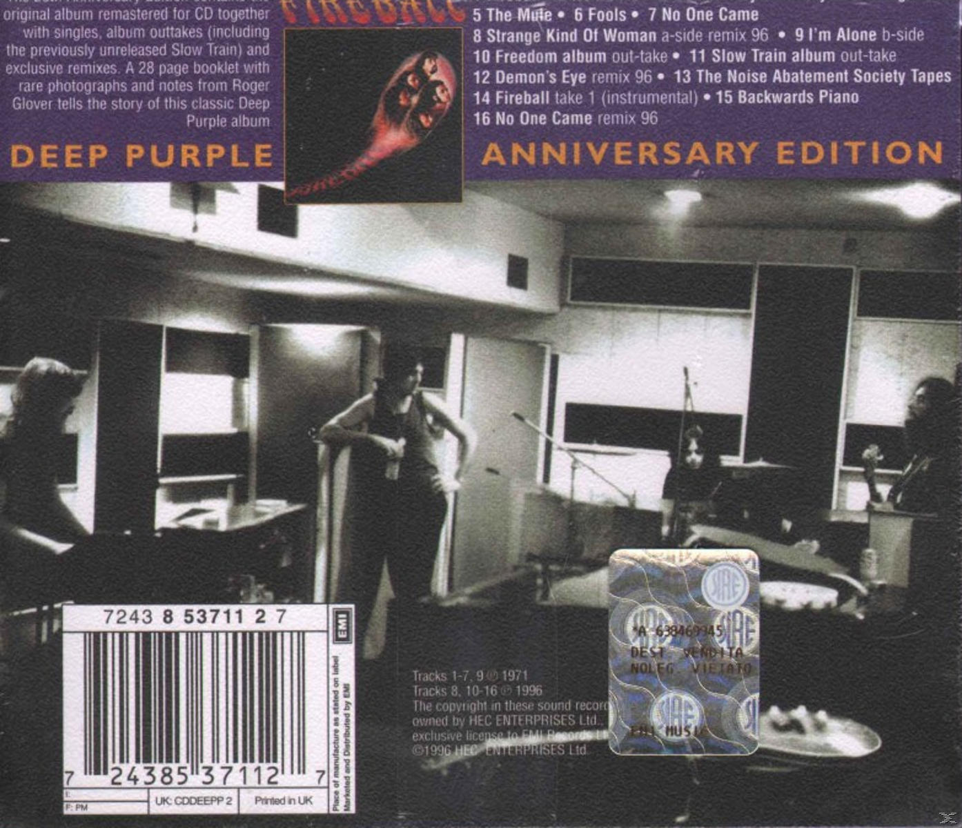 Deep Purple Album-Rückseite mit Bandmitgliedern und der Titelliste in einem Studio.